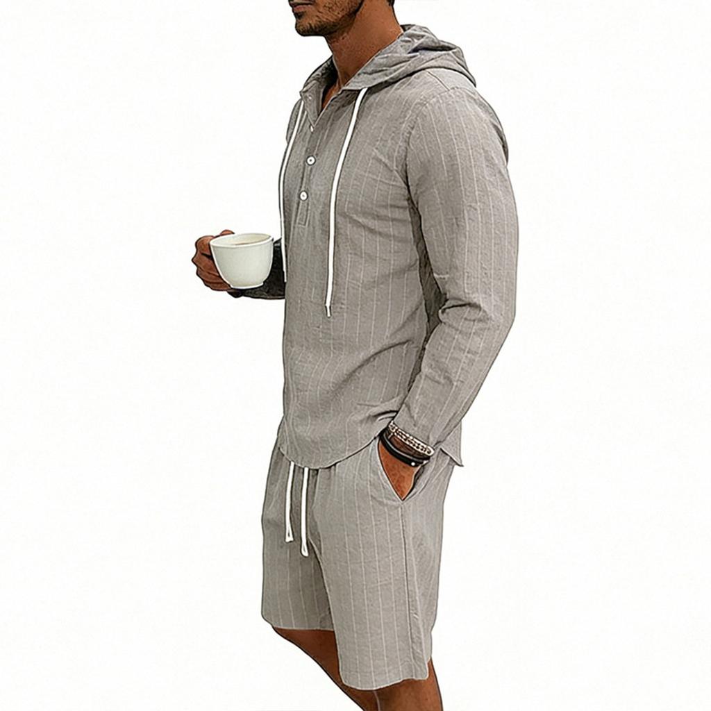 Men's Casual Long-sleeved Tooling Shirt Multi-pocket Shorts Set