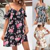 Women's V Neck Cold Shoulder Spaghetti Strap Mini Dress Regular Fit Mid Rise Floral Print Ruffle Sleeve Sundress