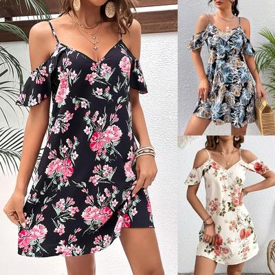 Women's V Neck Cold Shoulder Spaghetti Strap Mini Dress Regular Fit Mid Rise Floral Print Ruffle Sleeve Sundress