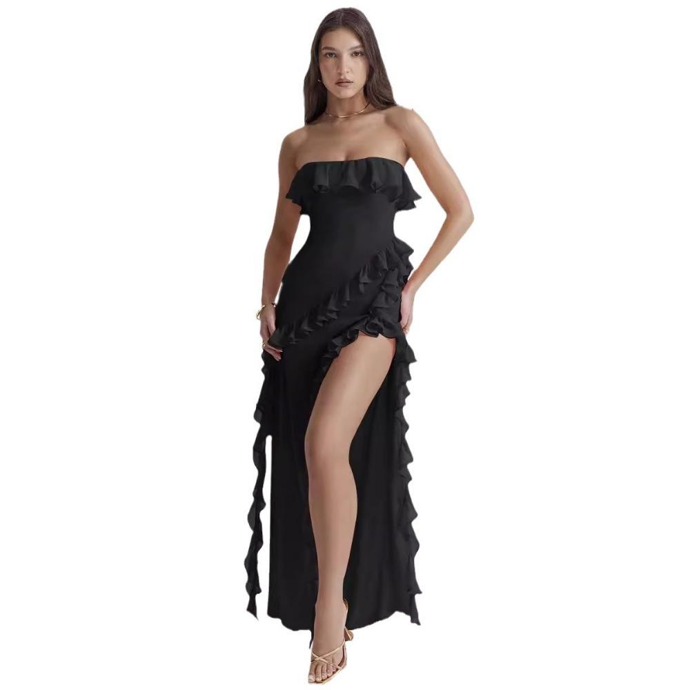 Summer Sexy Ruffled Slit Sleeveless Off-shoulder Dress for Women