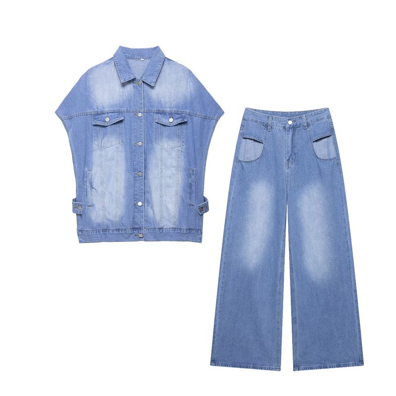 Kaslead New Women clothes Western Style Hollow out Lapel Denim Short sleeve Vest Casual Trousers Set