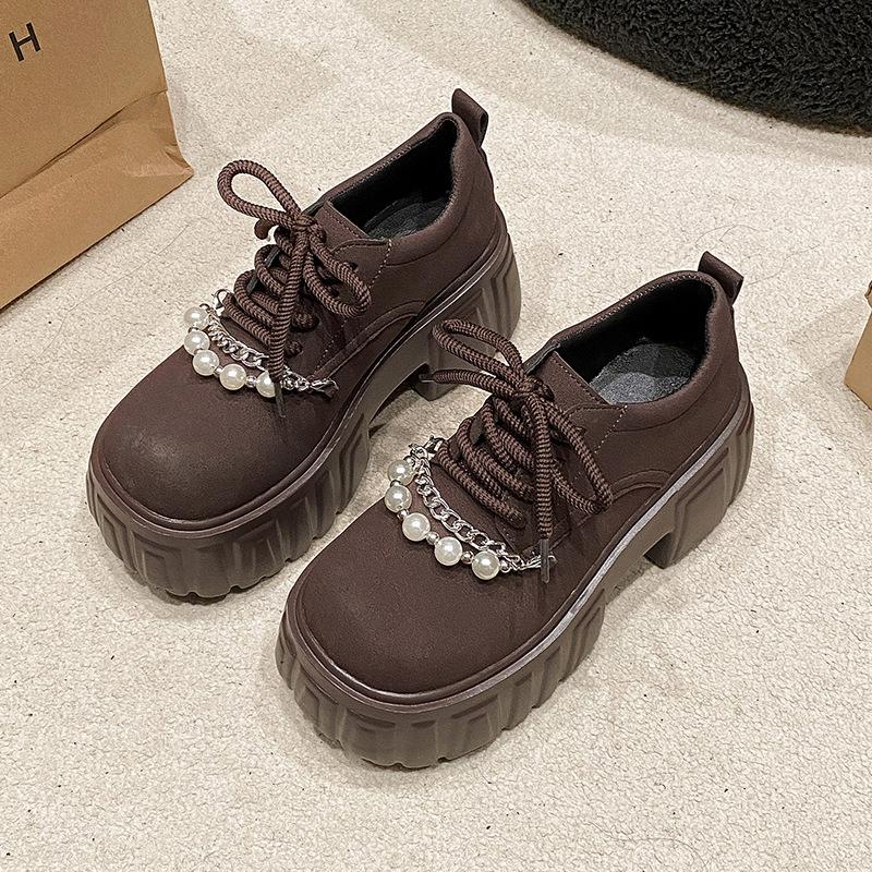 2025 autumn new small muffin lace-up jk loafers women's pearl platform British style platform single shoes