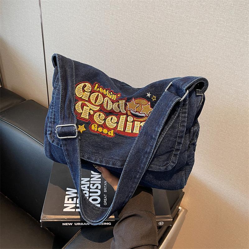 

Джинсовая сумка женская новая популярная студенческая сумка для учебы, сумка для поездок на работу, сумка через плечо, большая вместительная сумка-мессенджер темно-синий