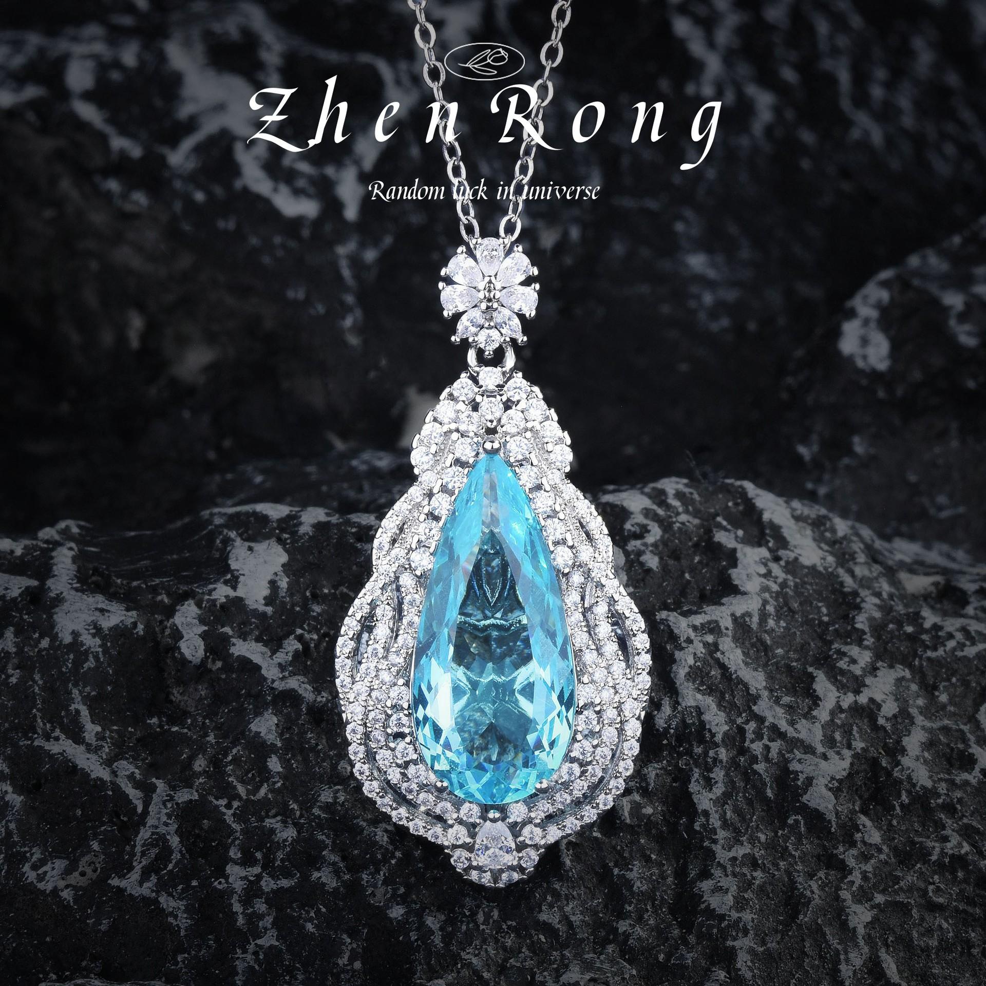 Light Luxury Temperament Santa Maria Aquamarine Water Drop Pendant Necklace Water Drop Ring Color Treasure Earrings Blue Diamond Set