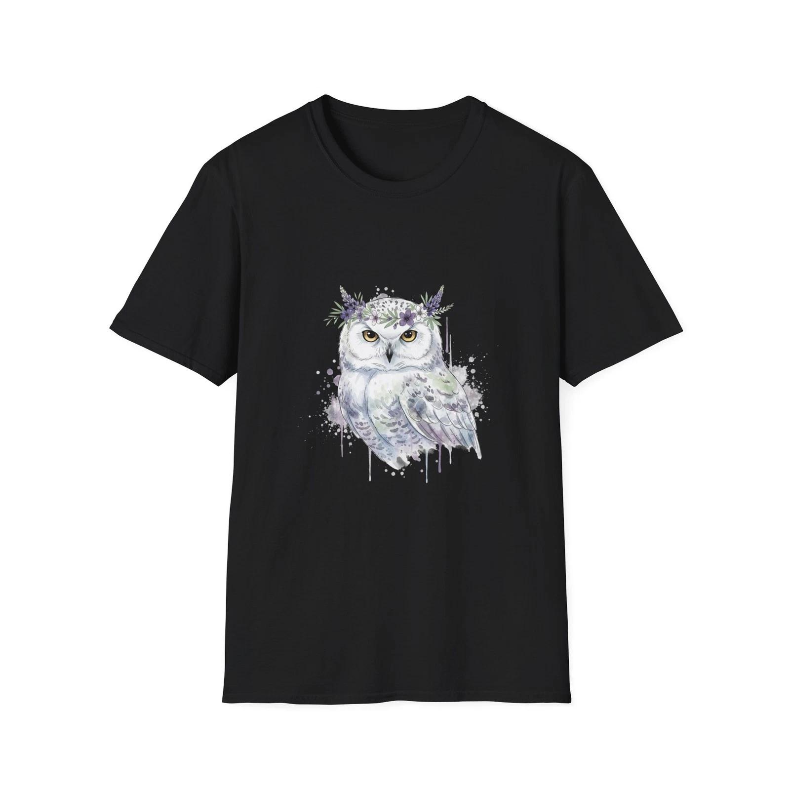 Owl Watercolor Floral Wreath Black Tee Nature Aesthetic Graphic T-Shirt L