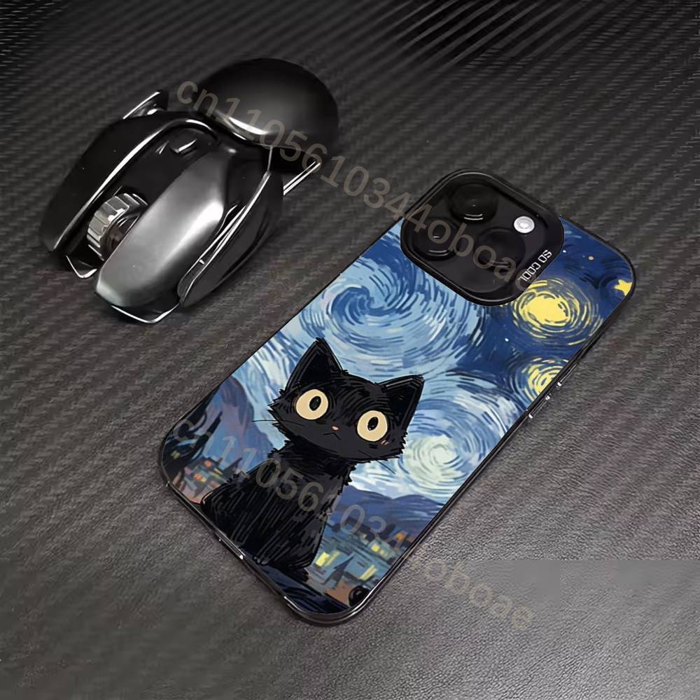 Retro Oil Painting Black Cat Phone Case For iPhone 17,16,15,14,13,12,11,Pro,Max,Plus Soft Black Cover