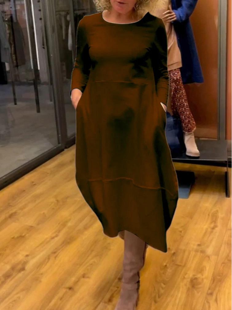 Vestido de Otoño/Invierno 2024 Moda Europea y Americana Color Sólido Manga Larga Cuello Redondo para Mujer
