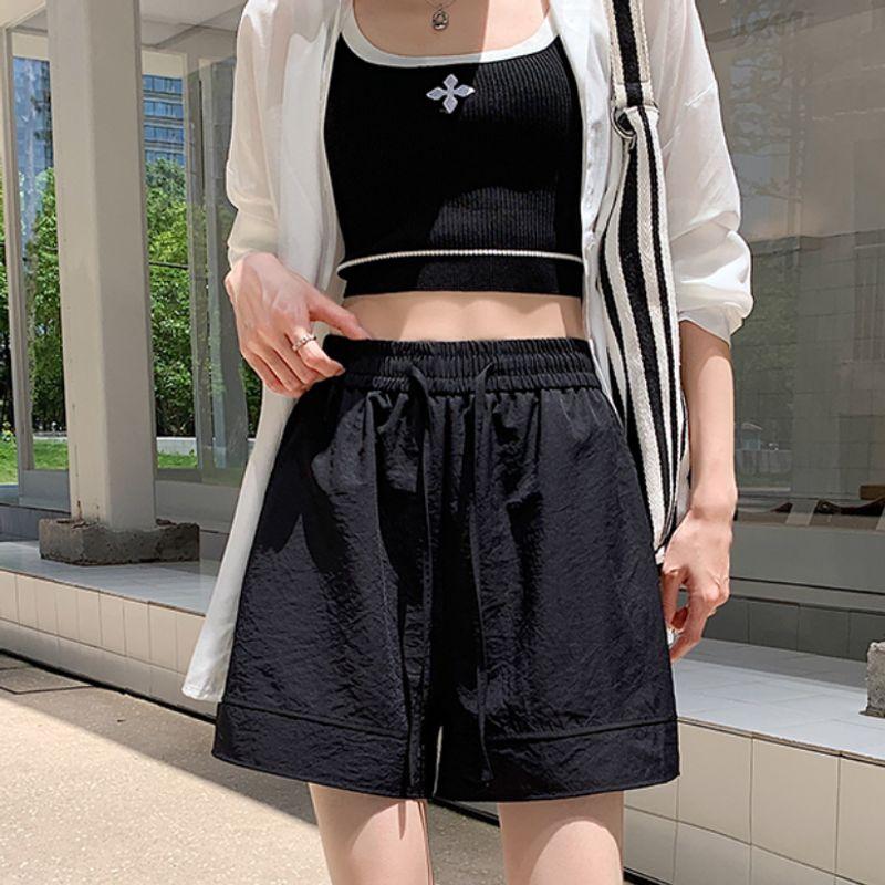 

Small Plus size Student Ice Silk Solid Lace-up Elastic Loose Blazer Quick-Drying Wide Leg Shorts Hot Pants Women Black XL