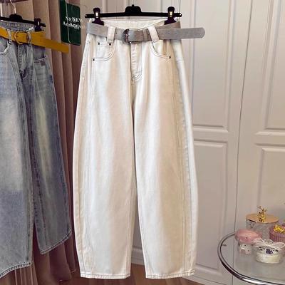 Retro Beige Scimitar Straight Jeans Women's Spring and Autumn New High-waisted Loose Wide-leg Pants
