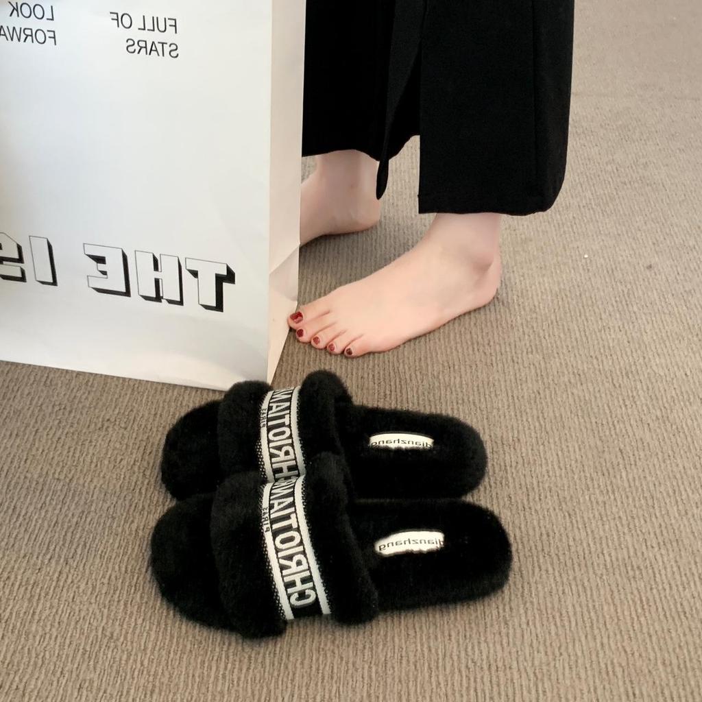 2025 Autumn/Winter Women's Fuzzy Flat Slippers - One-Strap, Letter Design, Versatile Korean Style, Warm Outdoor Footwear (EU)