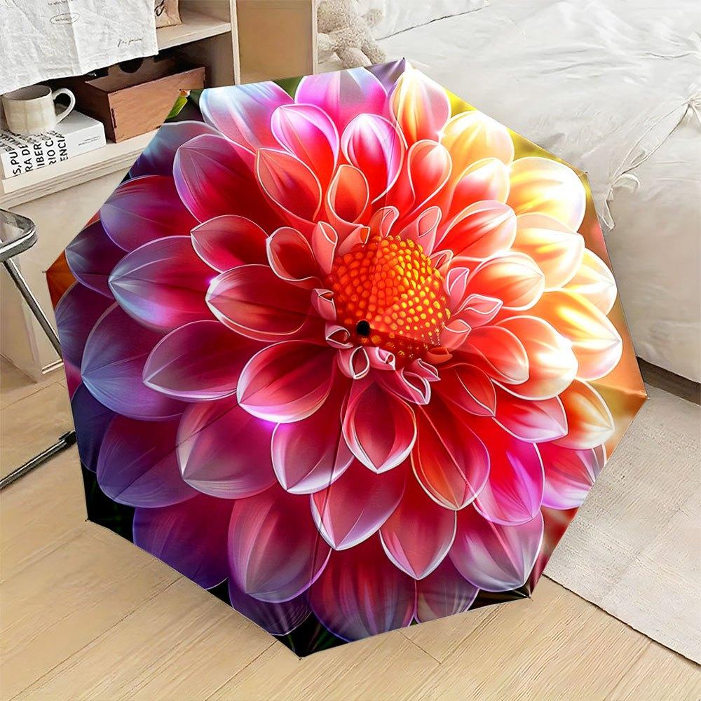 

Automatic Folding Umbrella with Large Pink & Orange Floral Design - Portable Collapsible 8-Rib Durable Canopy, Auto Open/Close Iron&8K