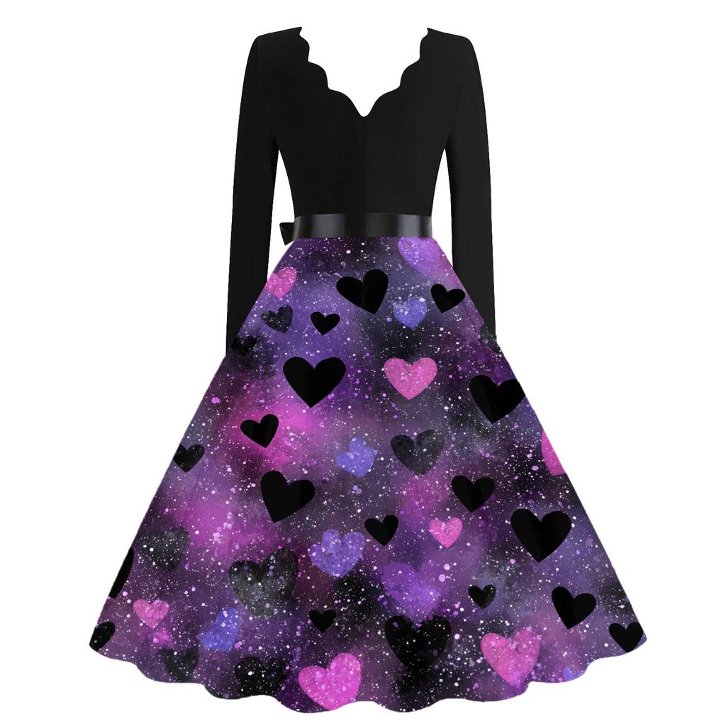 Women's Casual Fashion V,neck Valentine's Day Print Retro Dress