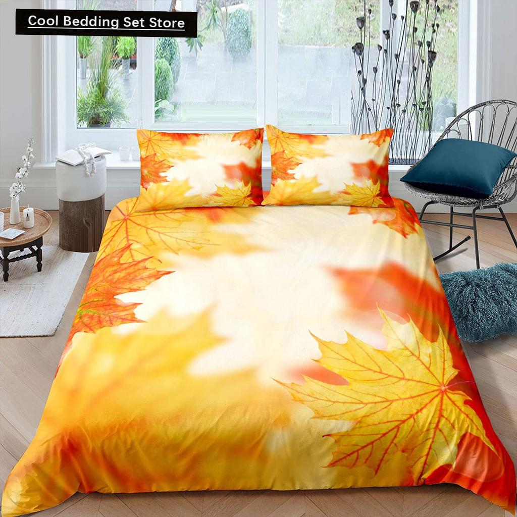Autumn Tree Leaf King Queen Bedding Set Cartoon Botanical Duvet Cover Fallen Leaves Quilt Cover 2/3pcs Polyester Comforter Cover