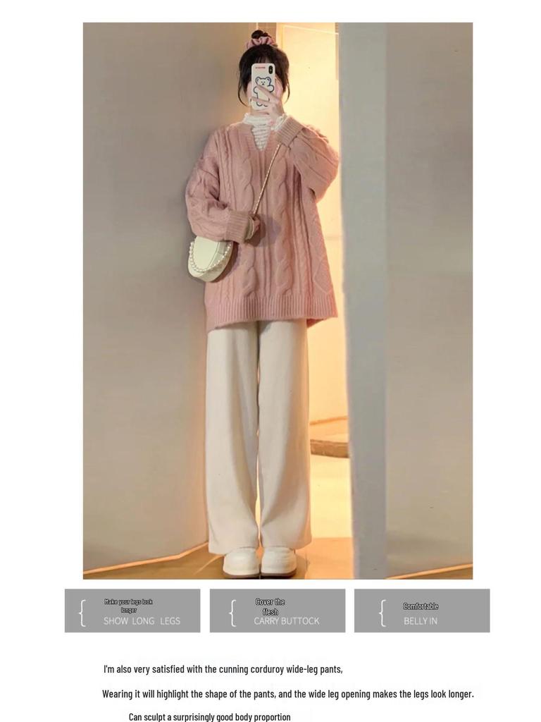 Petite Plus Velvet Corduroy Wide-Leg Pants for Women - High Waist, Loose Fit, Autumn/Winter.