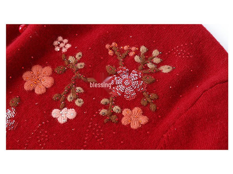 Mamas reiner Woll-Strickpullover mit Stickerei - Übergröße, lockere Passform für Frauen mittleren und höheren Alters (Herbst Winter)