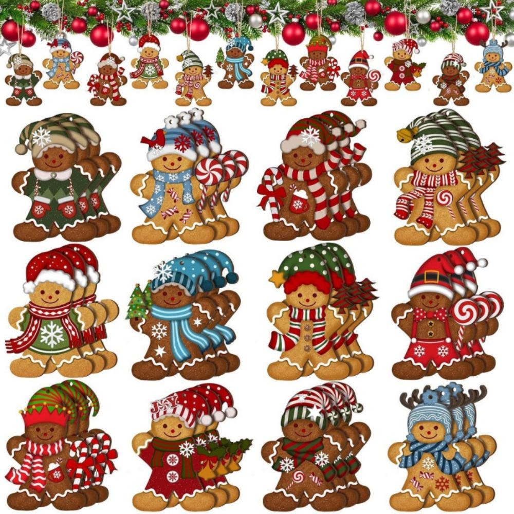 12/24/36pcs Cute Gingerbread Man Ornaments Xmas DIY Cartoon Christmas Tree Pendant Wooden Modern Crafts Christmas Ornaments