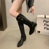 Vintage Leather Boots Women Belt Buckle Pointed Platform Western Cowboy Boots Autumn Winter Deep Vmouth High Tube Casual Boots