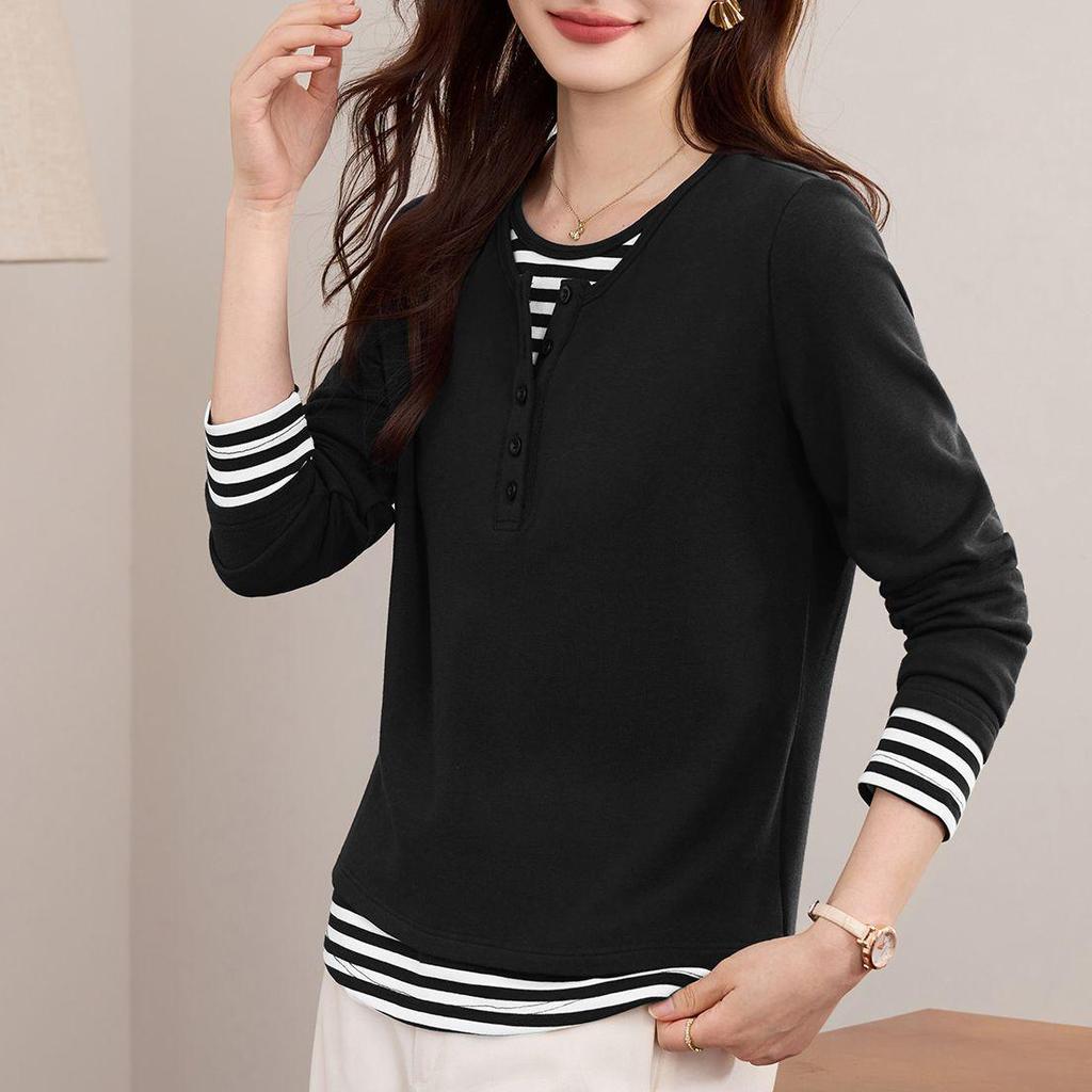 Women's Plus Velvet Long-Sleeve T-Shirt with Inner Layer - Stylish Two-Piece Design for Autumn/Winter 2025