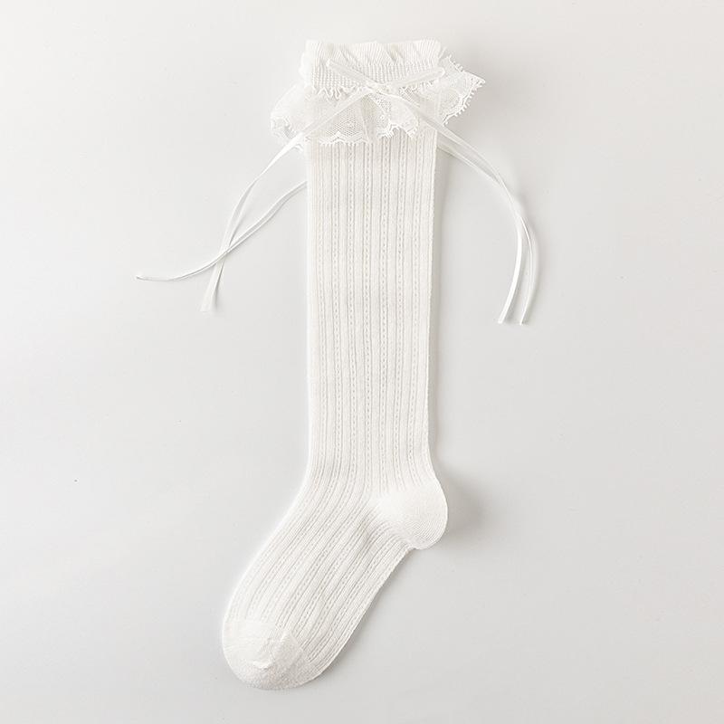 Children Sweet Bow Lace Socks Summer Thin Breathable Mesh Mid-calf Socks For Girls Fashion Ballet Style Solid Kids Calf Socks