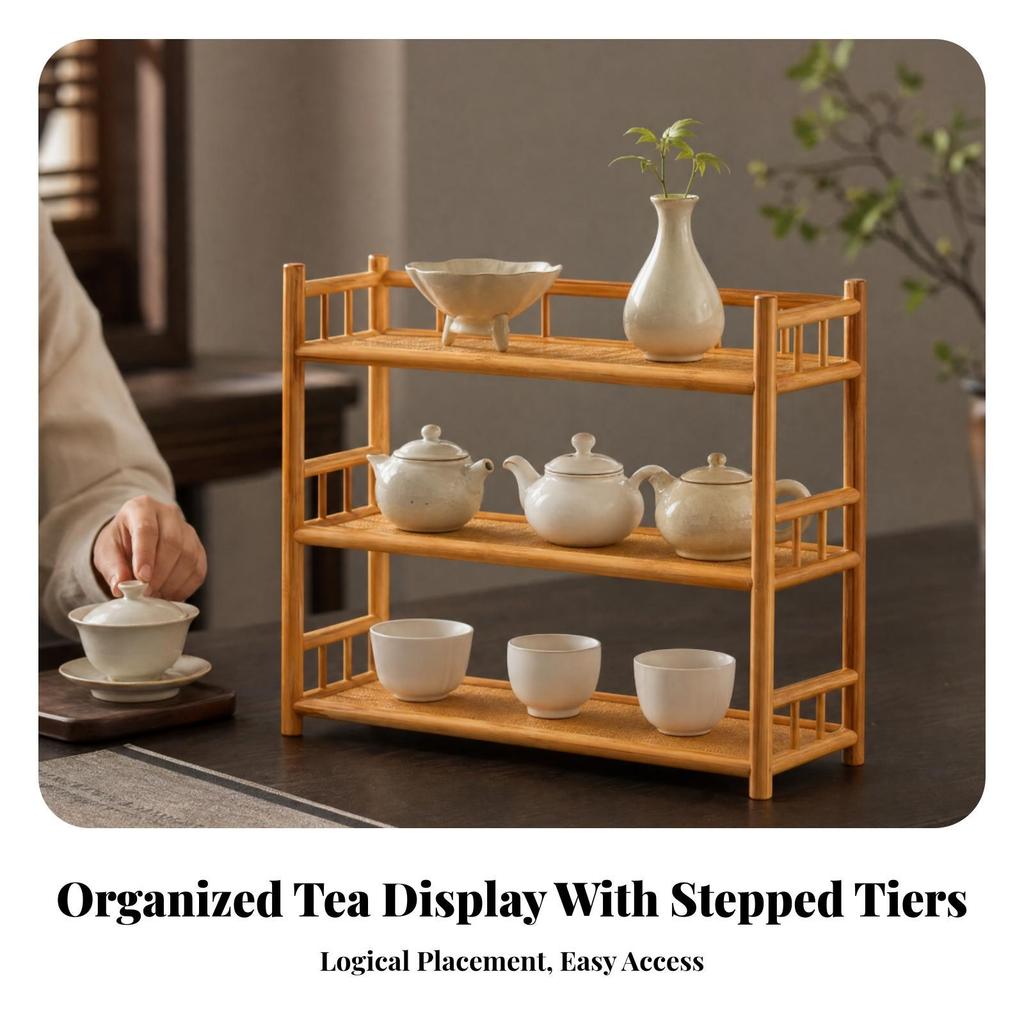Bamboo Tea Cup Rack Tiered Teapot Display Stand Wooden Set