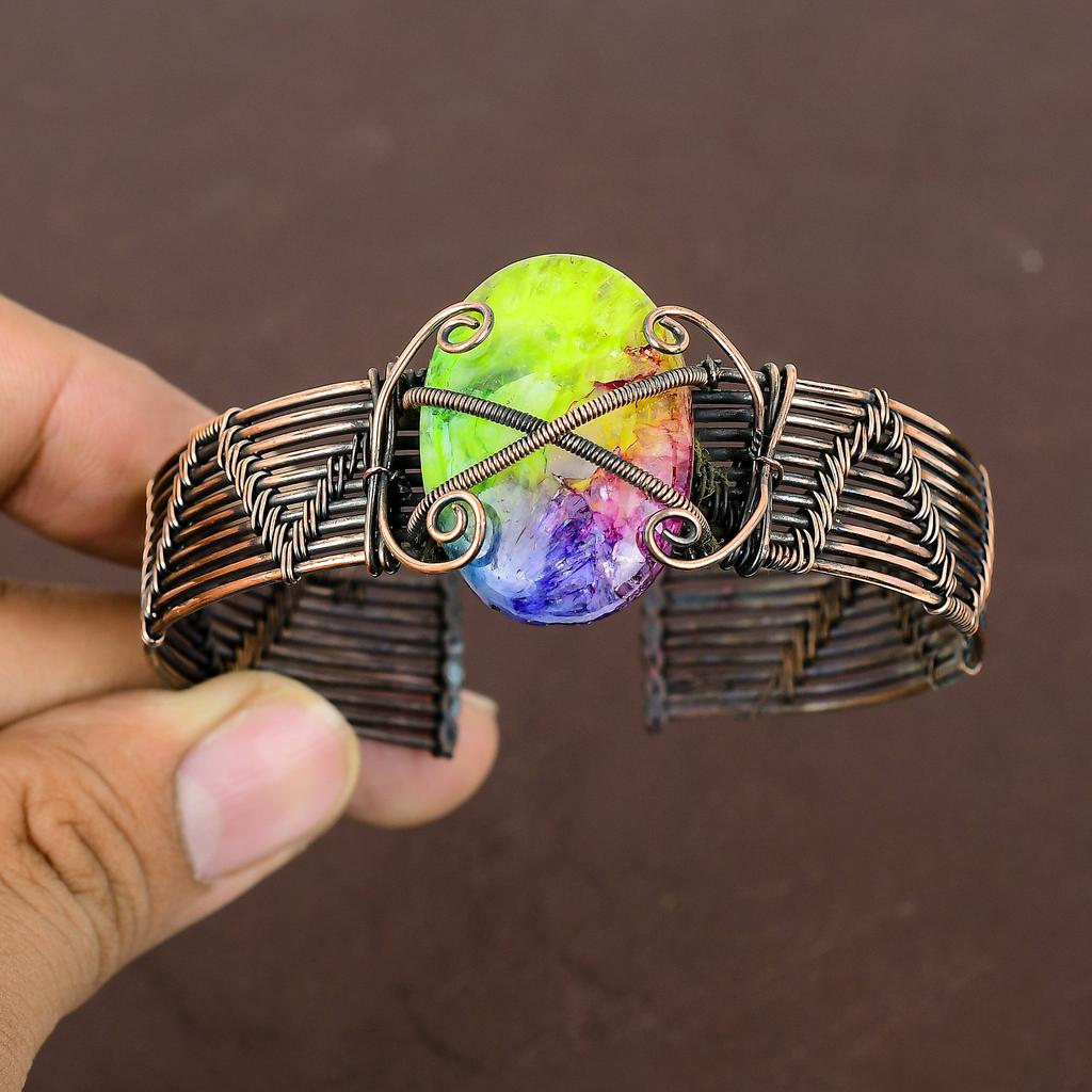Natural Rainbow Solar Quartz Gemstone Copper Wire Wrap Bangle Adjustable V3t26