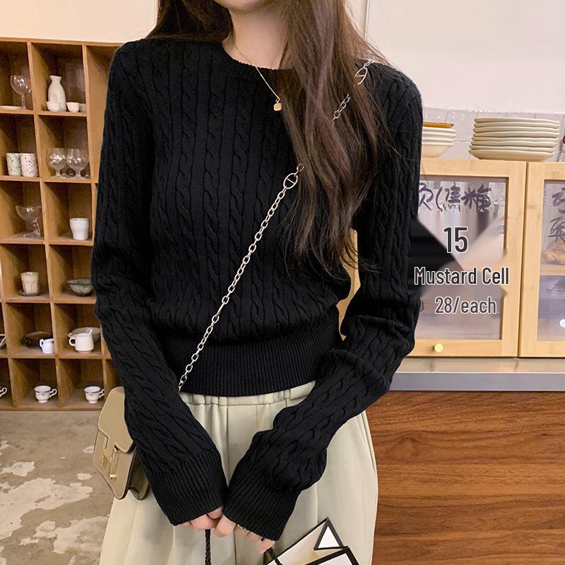 Korean Embroidery Pony Logo Sweater: Women's Versatile Classic Round Neck Cable Knit Top for Autumn/Winter