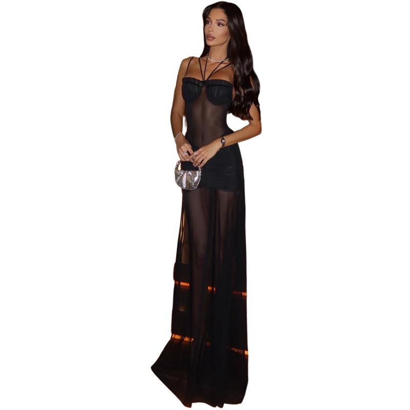 European and American summer new wholesale women's clothing fashionable and sexy solid color perspective mesh sleeveless trend dress women