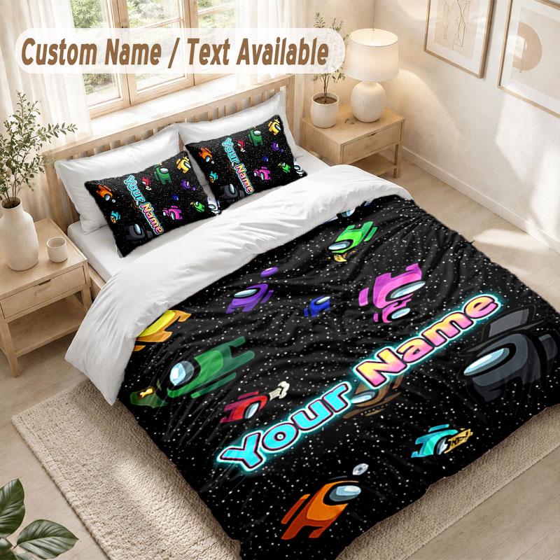 Custom Name Bedding Set 3 PiecesAmong Us Print Duvet Cover + 2 Pillowcases Soft Bed Decor