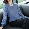Korean Fashion Spring Sweaters Women's V-Neck Printing Patchwork Hollow Out Elegant All-match Loose Long Sleeve Knitting Tops