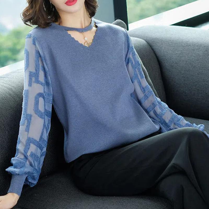 Korean Fashion Spring Sweaters Women's V-Neck Printing Patchwork Hollow Out Elegant All-match Loose Long Sleeve Knitting Tops