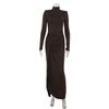 European and American Autumn Winter Fashion Women's High Neck Long Sleeve Patchwork Tie Waist Slim Fit Elegant Solid Color Dress