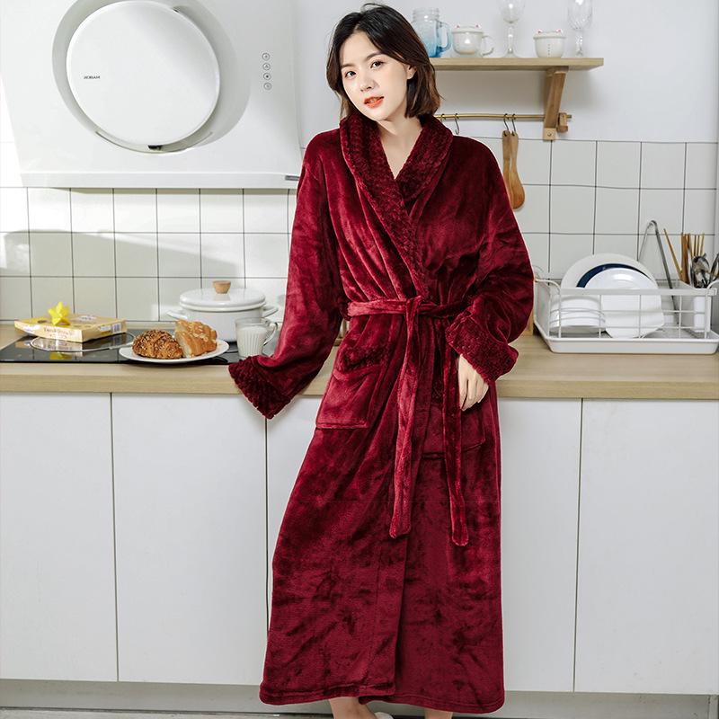 Winter Couple's Thick Flannel Robe - Warm Coral Fleece Long Bathrobe for Men and Women