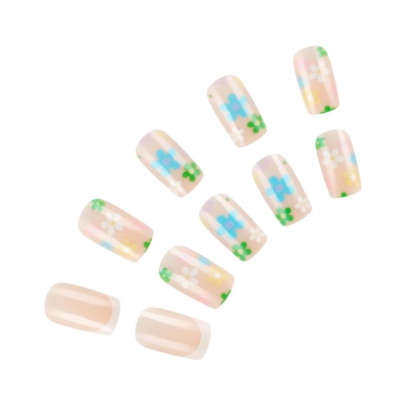 24 ks krátkých čtvercových nalepovacích nehtů s květinami, plné krytí, umělé nehty s francouzským tipem, lisovací nehty, manikúrní potřeby pro ženy
