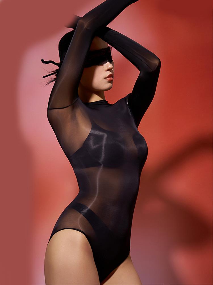 Sexy Women Cosplay Maid Oil Glossy Shiny HIgh Cut Bodysuit Sheer See Through Elastic Shapping Tight Cute Dance Leotard