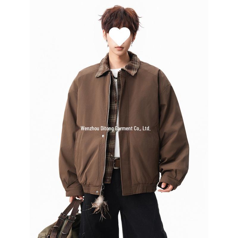 Men s Trendy Plaid Faux Two-Piece Cotton Jacket: Loose, Warm, Lapel Style for Winter XXL