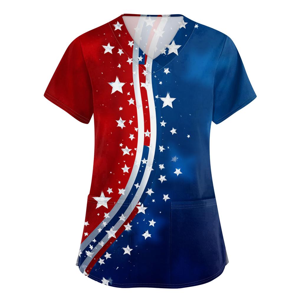 Women's V-neck Independence Day Print Short-sleeved Pocket Side-opening Protective Work Shirt