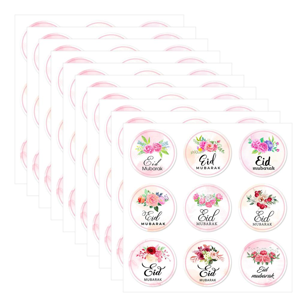 90Counts Eid Mubarak Sticker 4cm Round Wrapping Label Flower Wrapping Sticker for Seal Envelope Card Candy Bag Packaging