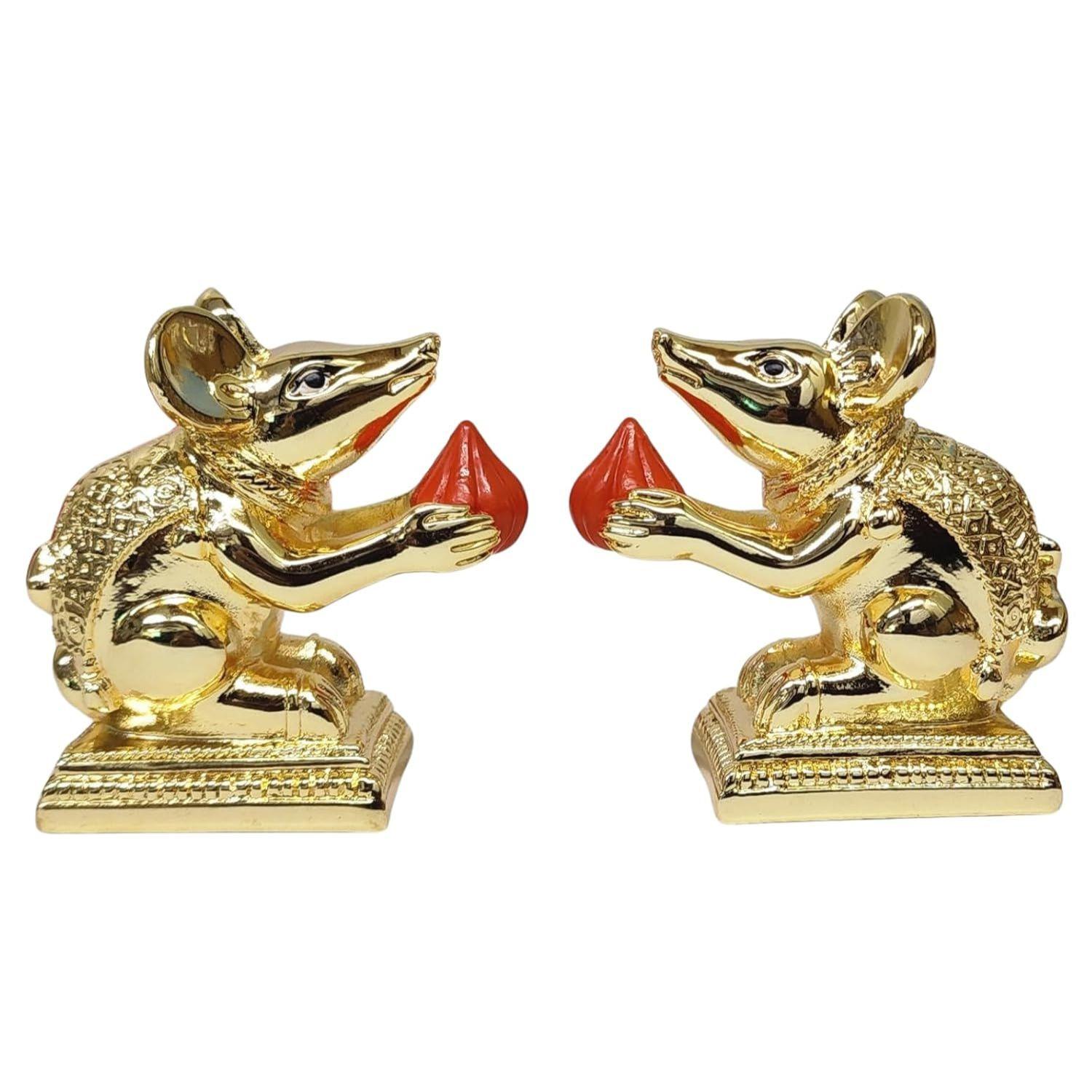 

ЗОЛОТОЙ Мушак (Мышонок) Пара мышей с модаком | Оранжевая терракотовая отделка | Идол мыши | Транспортное средство (Вахана) Господа Ганеши| Мандир (Набор 2 шт.)