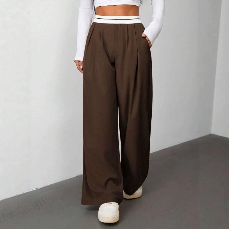 Womens 2026 Loose Fit Wide Leg Trousers With Contrast Waistband Lightweight Woven Fabric Mid-Rise Straight Cut