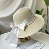 French Elegant Ribbon Bow Pearl Grass Hat Women's Summer Dome Seaside Outing Shading Versatile Top Hat Tide