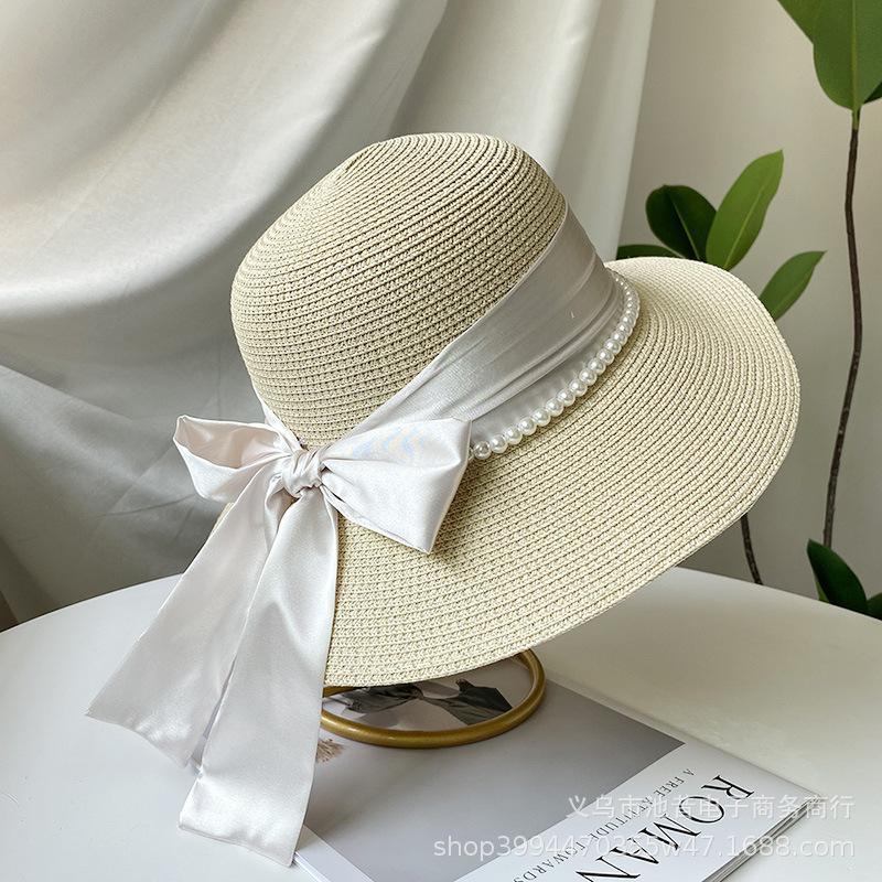French Elegant Ribbon Bow Pearl Grass Hat Women's Summer Dome Seaside Outing Shading Versatile Top Hat Tide