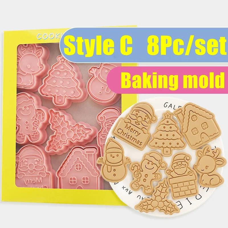8pcs/Set Christmas Biscuit Mould Cookie Cutter 3D Cartoon Biscuits Mold Plastic Baking Cookie Stamp Cookie Decorating Tools