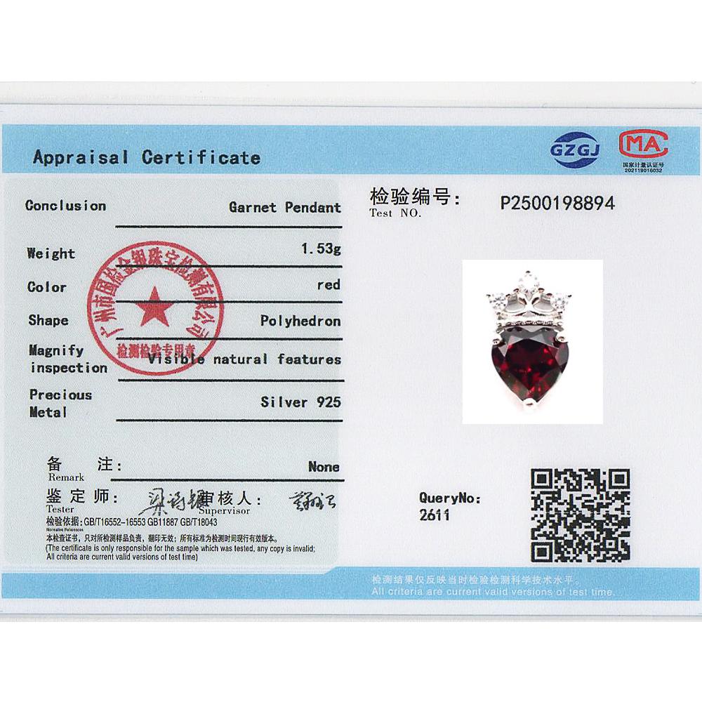 Elegante Damenkette aus 925er Sterlingsilber mit Herzanhänger aus Granat (8,00 mm) im Kronen-Design. Ein edles Schmuckstück, ideal als Verlobungsgeschenk.