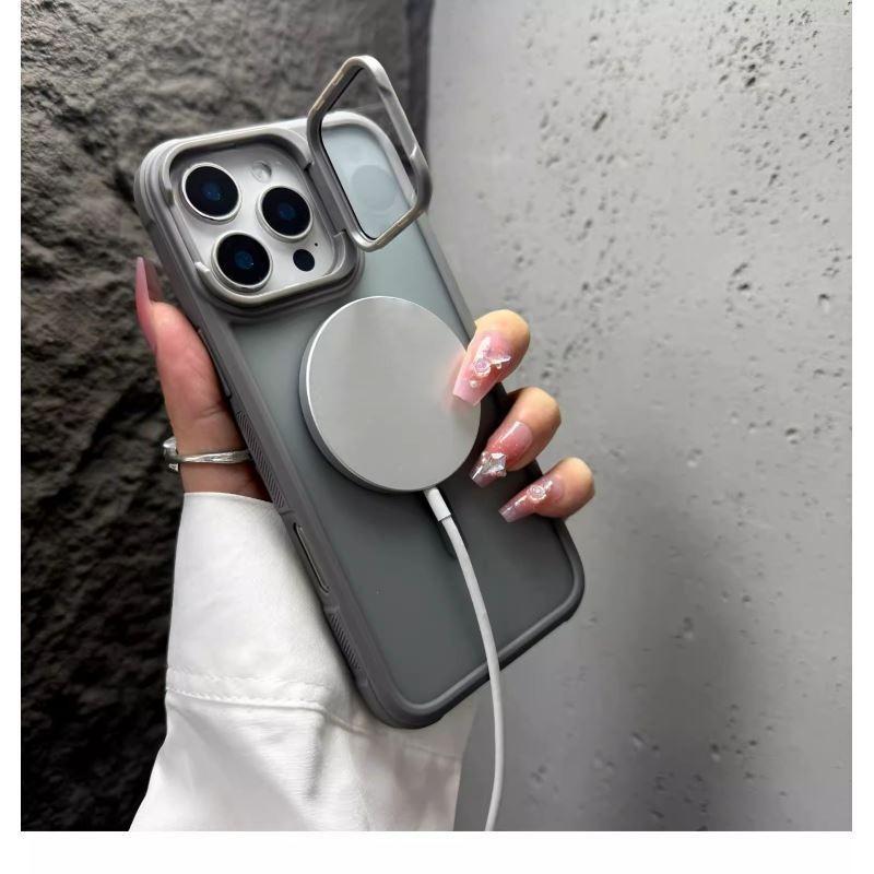 Fashion Bracket Stand Magnetic Phone Case for iPhone 16 15 14 Plus 13 12 16 Pro Max With Lens Protection Cover for Magsafe Cover