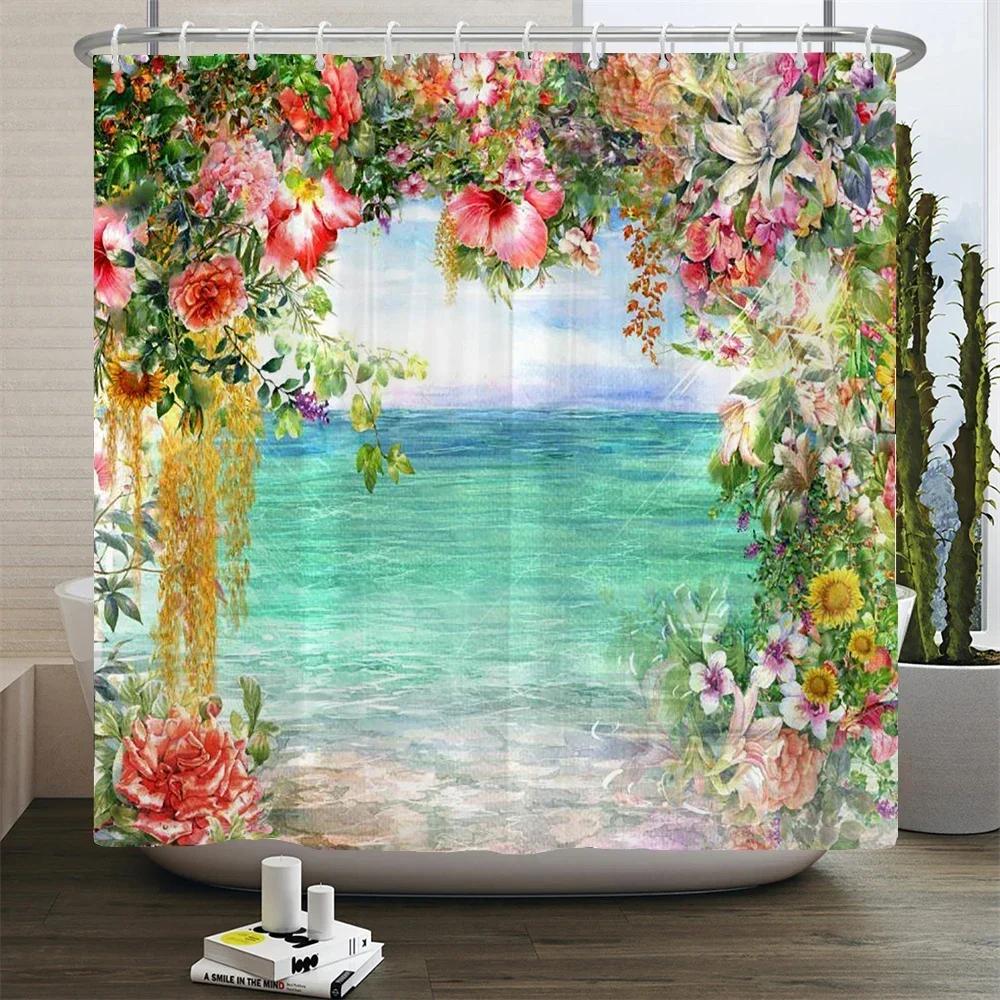 Retro Blooming Flowers Shower Curtains Bathroom Curtains Waterproof Polyester Bath Curtain With 12 Hooks Shower Curtain