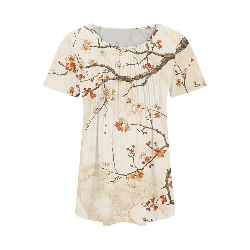 Damers Modeabla Lediga Plisserade Rundhalsrandiga Blomtryckta Kortärmade T-shirttopp
