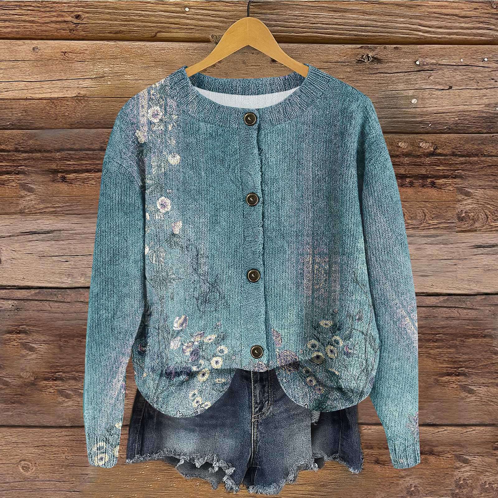 

Women s Vintage Knit Button Retro Geometric Print Cardigan Jacket L армія зелений колір