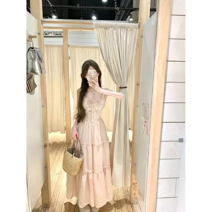 Pink French Lace Patchwork Camisole Dress - Gentle Summer Vacation Style Fairy Long Dress X-Large