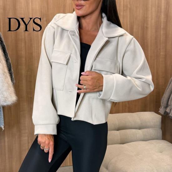 Big Pocket Jacket Fall Winter Women Turn-down Collar English Style Chest Pockets Windproof Lightweight Outwear Single-breasted Solid Color Button