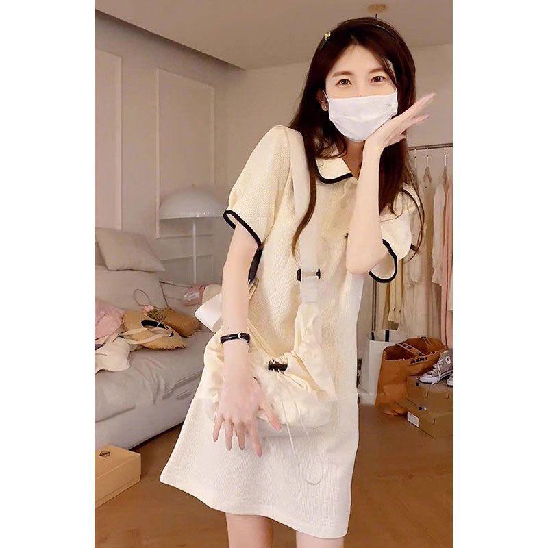 2026 Summer Tweed-Inspired Polo Collar Dress for Petite Women: French Style Small грязно-белый